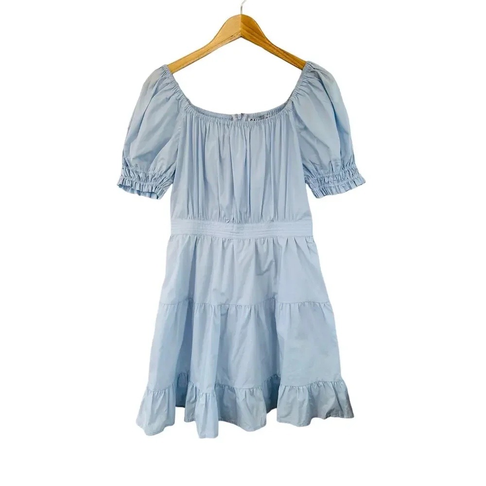 Gaudi Light Baby Blue Tiered Short Puff Sleeve Scoop Neck Mini Dress Size Small - Picture 1 of 7